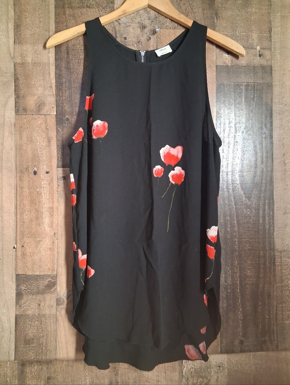 Aritzia Wilfred Black Floral Sleeveless Blouse Zipper Back Top Size Large